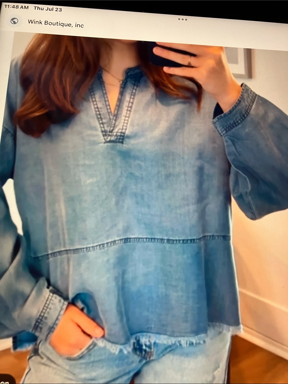 Fred David chambray Washed Blue  Tunic top drop sleeves high low